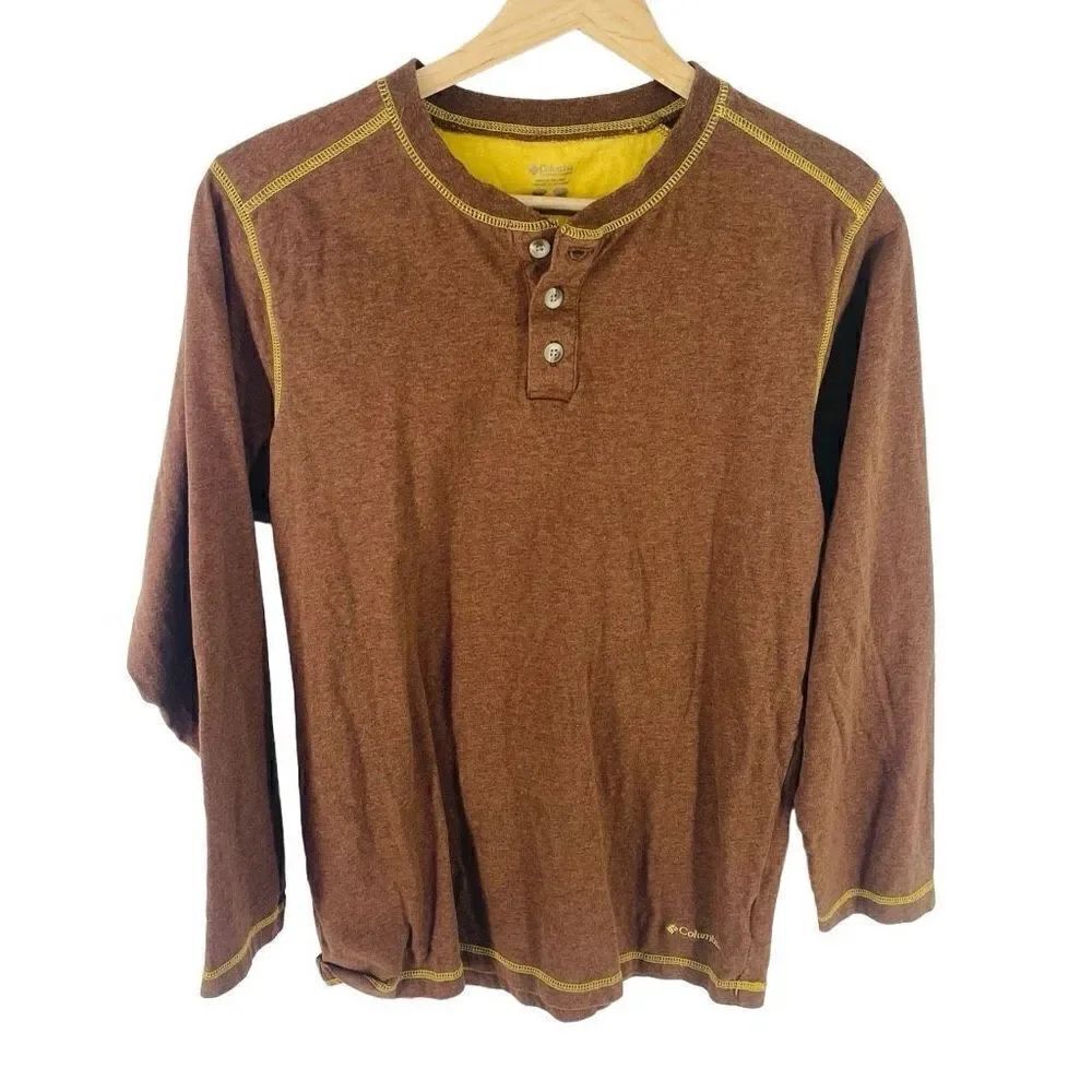 Columbia youth Henley Long Sleeve Shirt Crewneck Casual Brown Large
